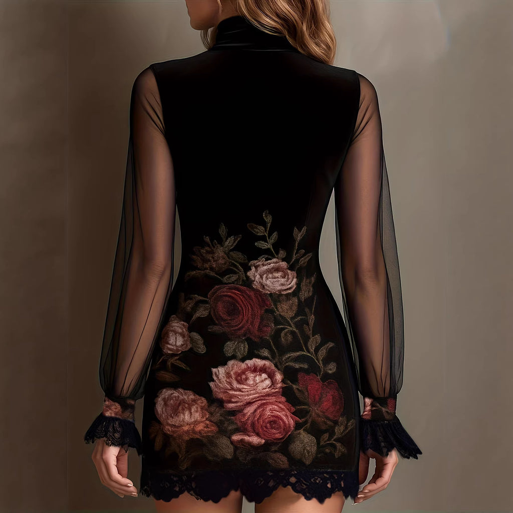 Sexy Lace Trim Patchwork Dress with Elegant Printed Tulle Design Fitted Mini Dress