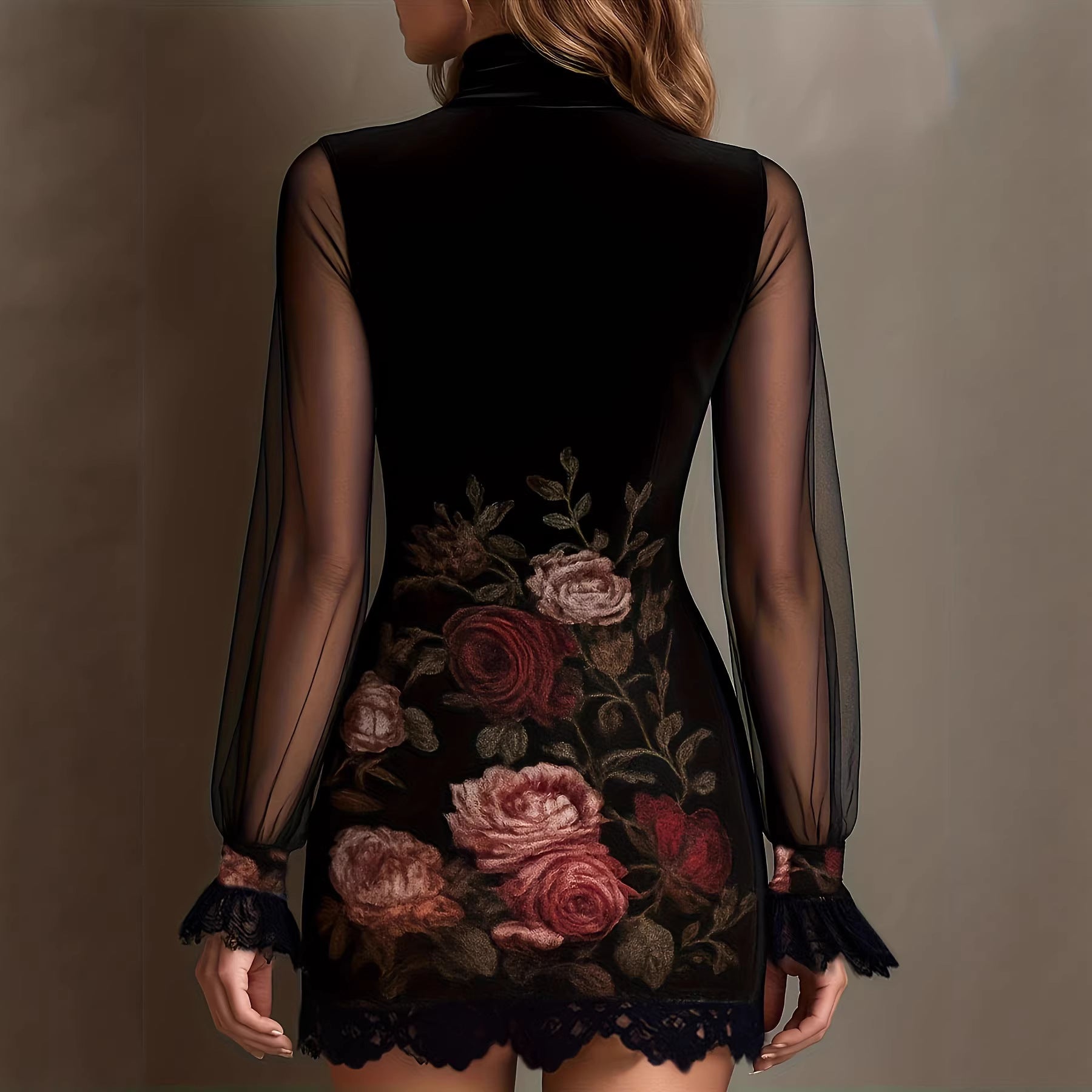 Sexy Lace Trim Patchwork Dress with Elegant Printed Tulle Design Fitted Mini Dress