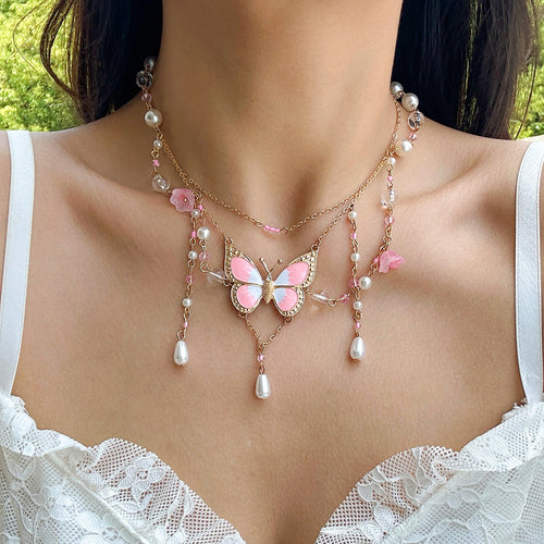 Beaded niche design, sweet and cool y2k butterfly choker, thousand seal style dopamine necklace